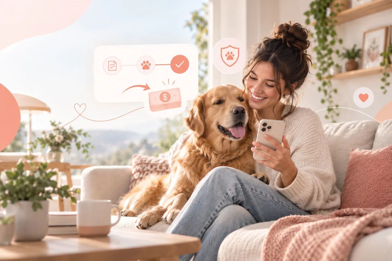 Owner using a phone beside a golden-colored dog on a sofa